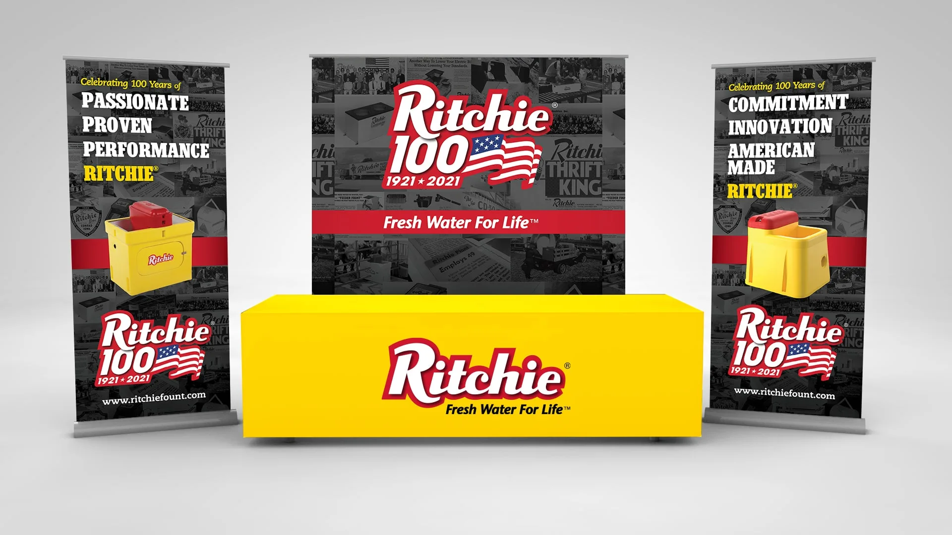 Ritchie 100 tradeshow booth design, graphic design, branding, 3D design